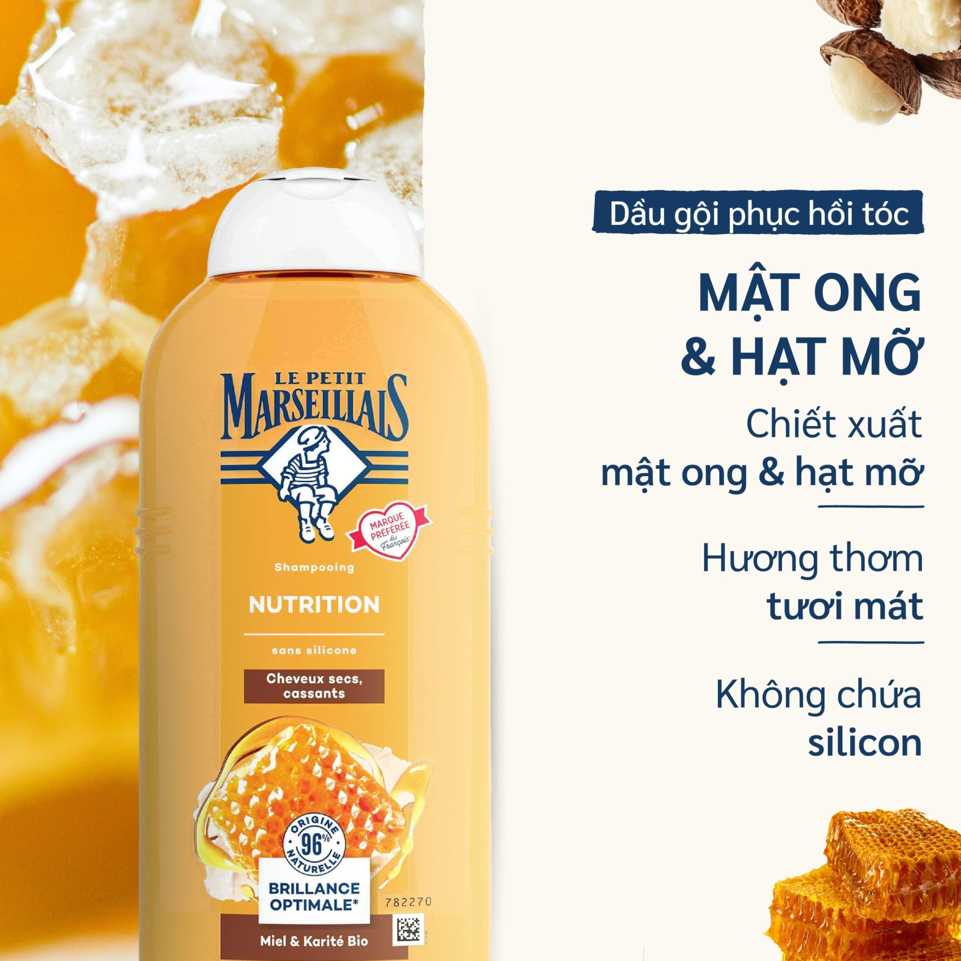 Dầu Gội Le Petit Marseillais - Hương Mật ong & Bơ - Dưỡng Ẩm Nhẹ Với Chiết Xuất Hữu Cơ 250ml