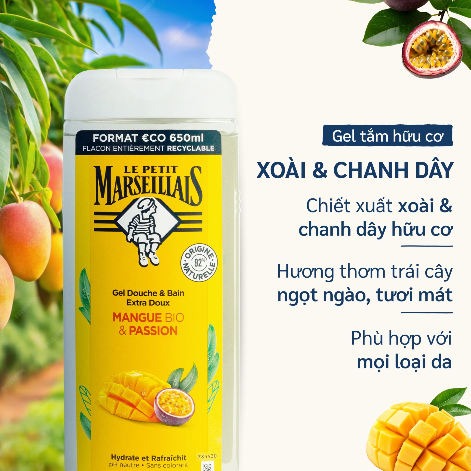 Sữa Tắm Và Ngâm Bồn Dạng Kem Le Petit Marseillais - Hương Xoài & Chanh dây - Dịu Nhẹ 650ml