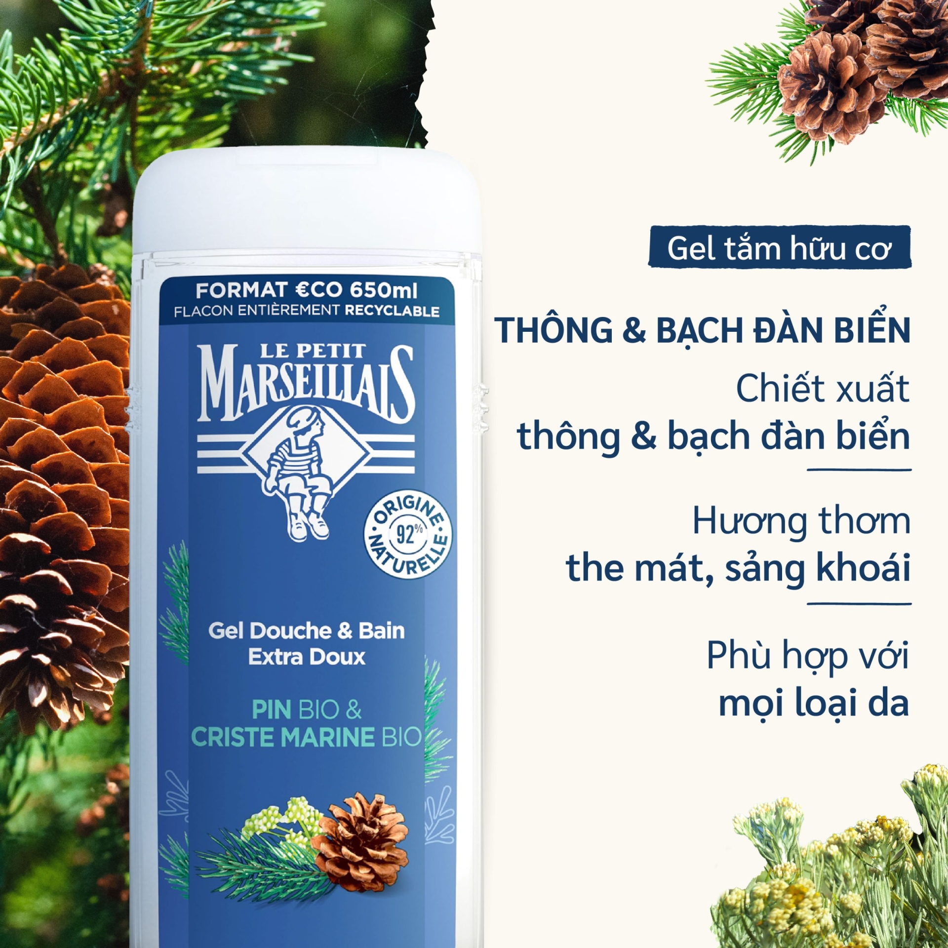 Sữa Tắm Và Ngâm Bồn Dạng Kem Le Petit Marseillais - Hương Thông & Bạch đàn - Dịu Nhẹ 650ml
