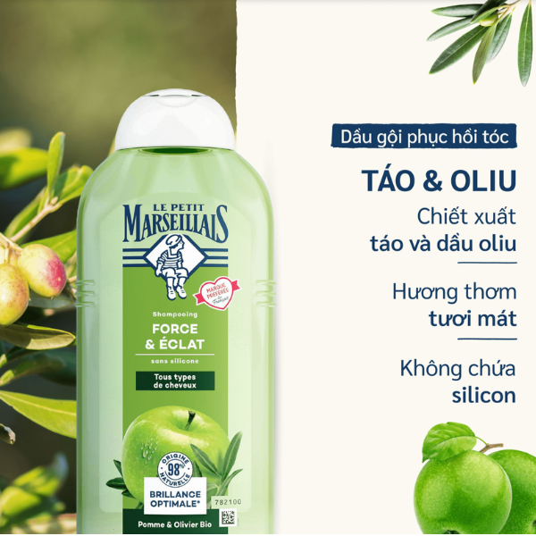 Dầu Gội Le Petit Marseillais - Hương Táo, Ô liu - Dưỡng Ẩm Nhẹ Với Chiết Xuất Hữu Cơ 250ml